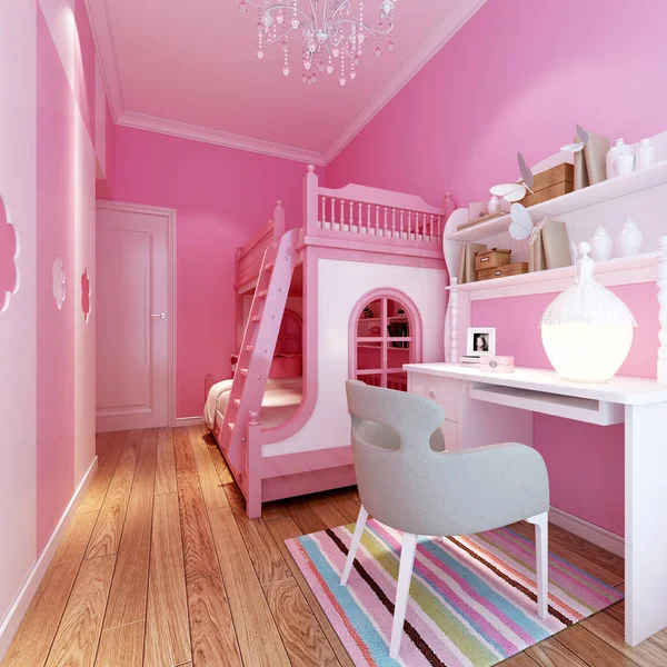 のレンダリング ピンク色の子供のベッドルーム — ストック写真