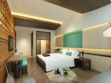3D render modern otel yatak odası