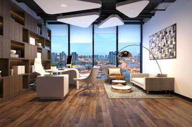 3D render çalışma odası, ofis iç