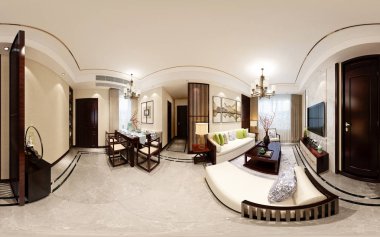 3d render modern oturma odası, 360 derece ev iç
