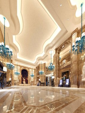 3D lüks otel resepsiyonu ve lobisi