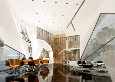 3D lüks otel resepsiyonu ve lobisi
