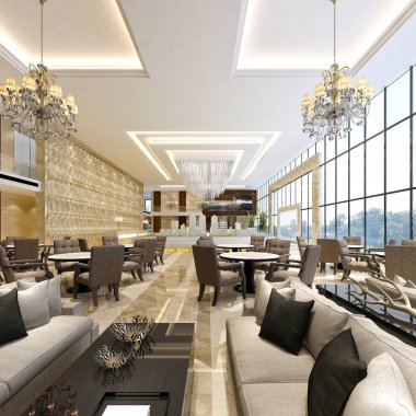 3D lüks otel resepsiyon girişi.
