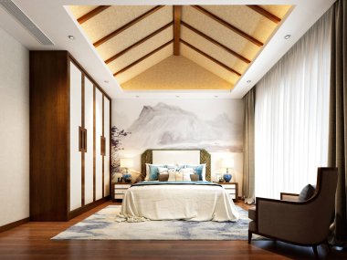 3d render neo klasik yatak odası
