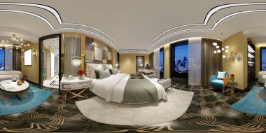 360 derece otel yatak odası, 3d render.