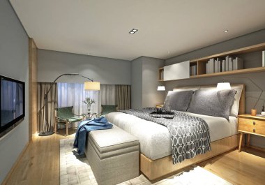 Modern yatak odası, otel odası.