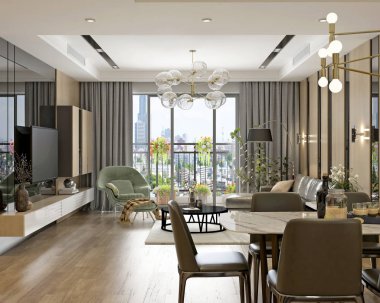 Modern ev oturma odasının 3D görüntüsü