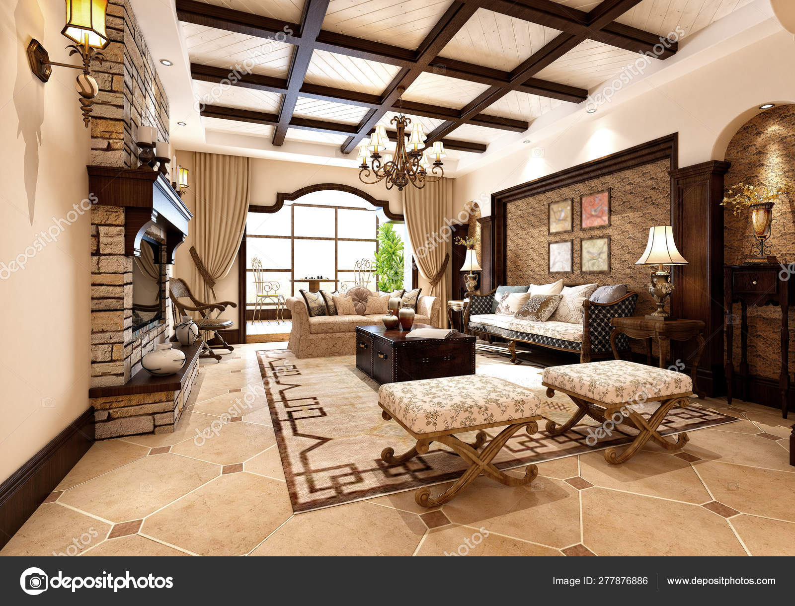 Render American Style House Interior Stock Photo