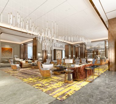 3d render lüks otel lobisi ve resepsiyon