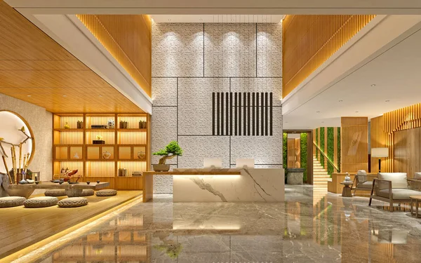 Rendering Luxus Hotel Lobby Und Rezeption — Stockfoto