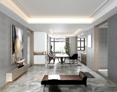 Modern oturma ve yemek odasının 3D görüntüsü