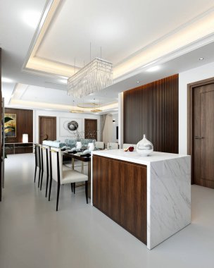 3d render yemek ve oturma odası