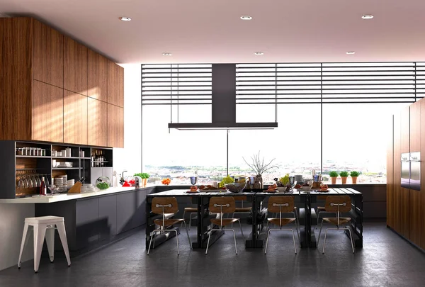 Renderizado Cocina Moderna Comedor — Foto de Stock