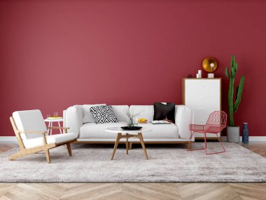 Kırmızı renkte oturma odası dekor 3d render