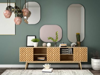 3d render oturma odası dekor seti