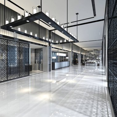 3D lüks otel lobisi resepsiyonu