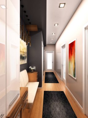 3d render modern ev iç, koridor