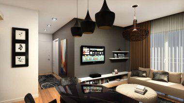 3D render modern ev iç