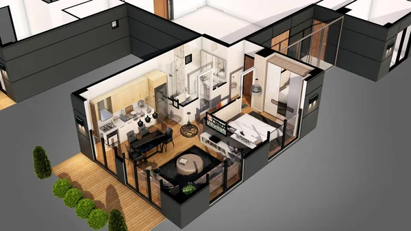 3d render of apartment floor plan from above