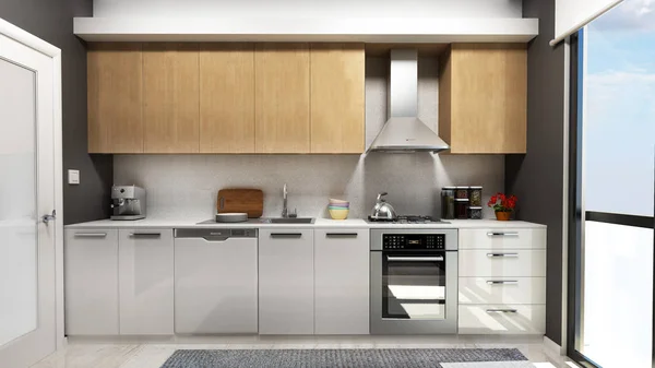 现代厨房3D渲染 — 图库照片