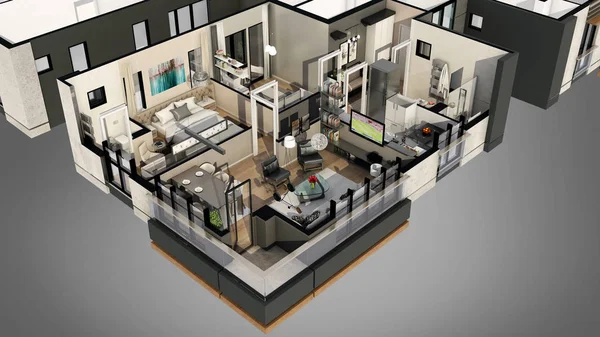 3d render of apartment floor plan from above