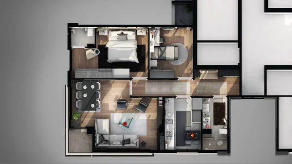 3d render of apartment floor plan from above