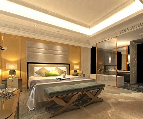 现代酒店房间3D渲染 — 图库照片