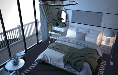 Üst manzaralı otel odası 3d render