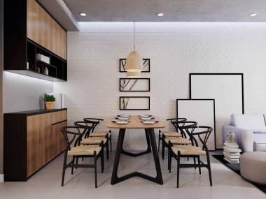 3D ev içi, oturma odası.