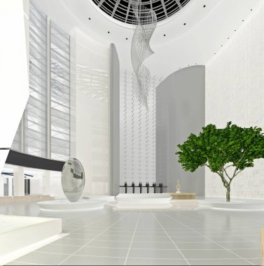 Modern bina giriş resepsiyon masası3d render