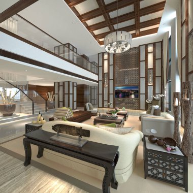 3D ev içi, oturma odası.