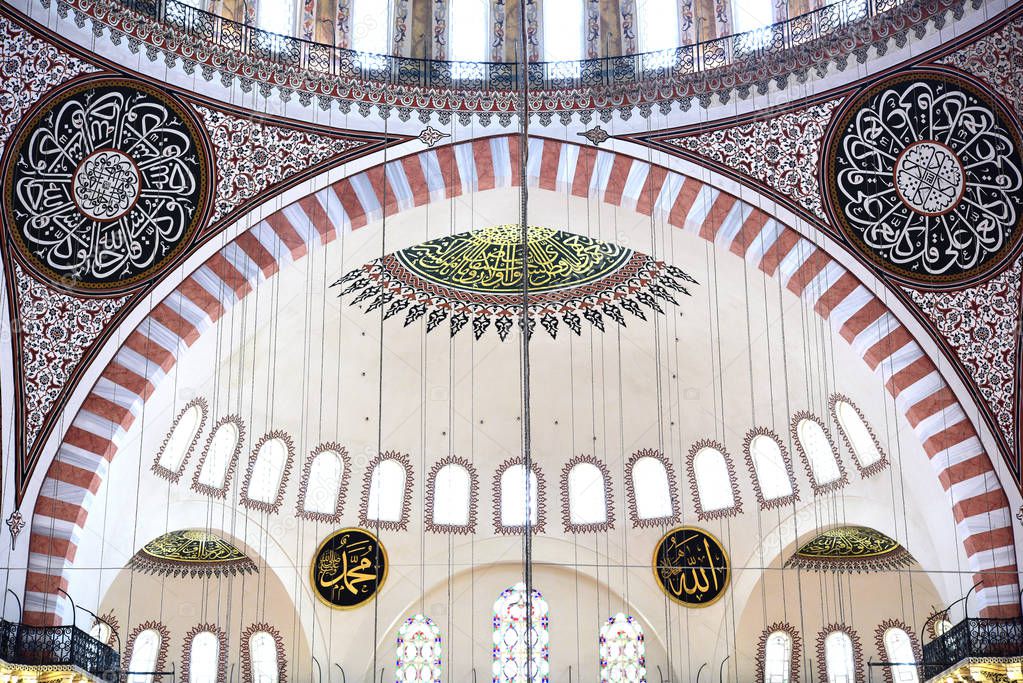 Suleymaniye Mosque interior view after restoration in Istanbul, Turkey