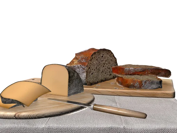 Render Bread Cheese Kitchen Objects — Stock Photo, Image