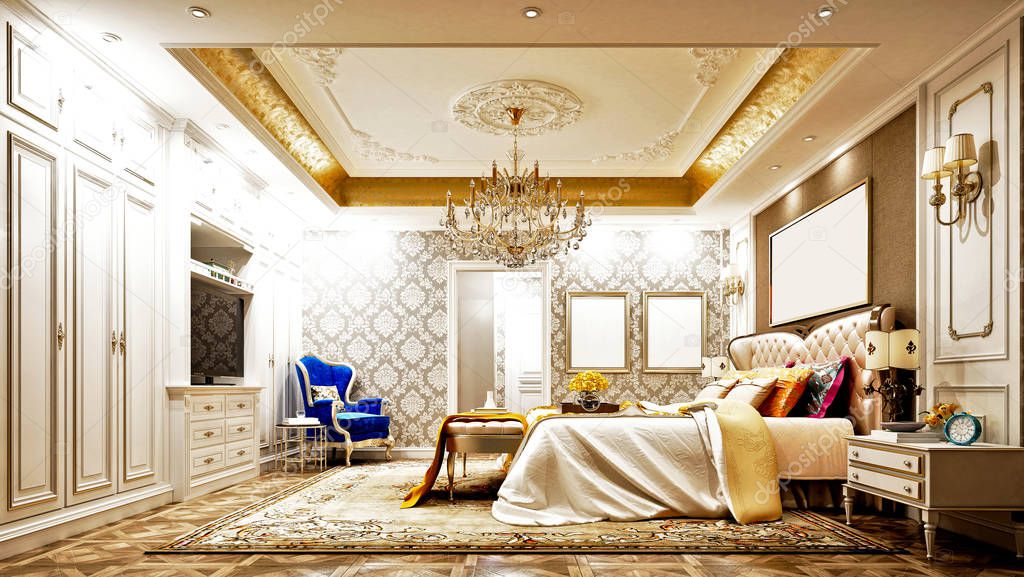 3d render of neo classic hotel room
