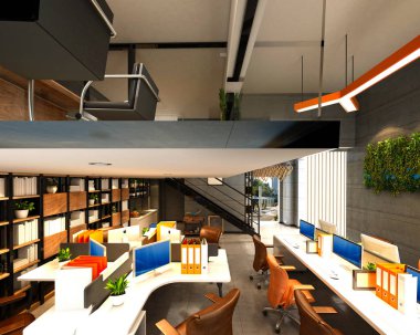 Modern çalışma ofisinin 3D görüntüsü