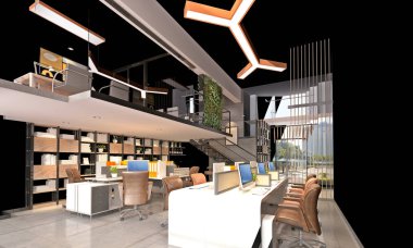 Modern çalışma ofisinin 3D görüntüsü