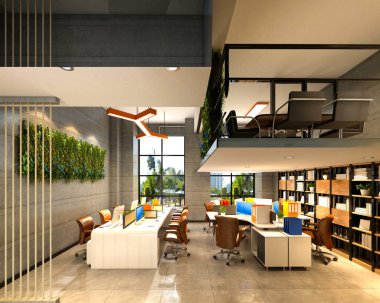 Modern çalışma ofisinin 3D görüntüsü