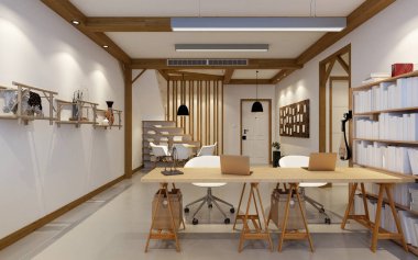 Modern çalışma ofisinin 3D görüntüsü