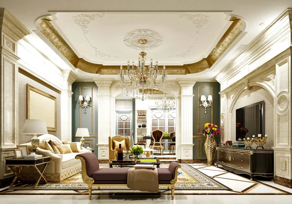 新古典主义家庭内部客厅3D渲染 — 图库照片