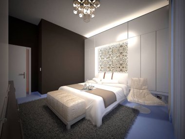 Modern yatak odasının 3D görüntüsü