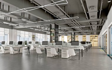 Modern açık çalışma ofisinin 3D görüntüsü