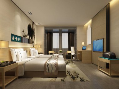 3d render hotel double bed room