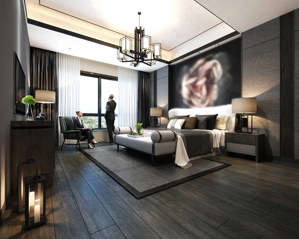 Mann Und Frau Modernen Hotelzimmer Rendering — Stockfoto