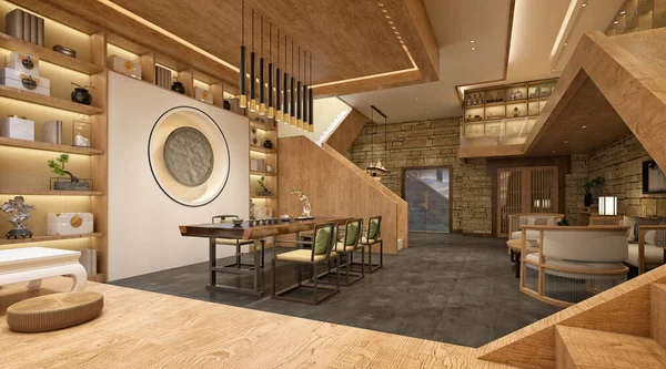 高級木造オフィスインテリアの3Dレンダリング — ストック写真