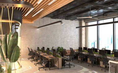 Modern çalışma alanının 3D canlandırması, ofis