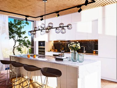 Lüks ev mutfağı ve tezgahının 3D çizimi