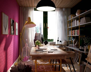 3D render ofis çalışma odası, ofis içi