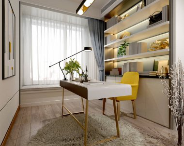 3D render ofis çalışma odası, ofis içi