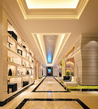 3D lüks modern otel iç koridoru
