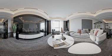 360 derece manzara modern oturma odası, yemek odası.